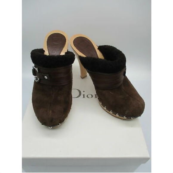 CHRISTIAN DIOR brown suede and shearling trim clog - Picture 1 of 8